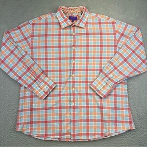 Tallia Dress Shirt Mens XL 17.5‎ Blue Orange Plaid Cotton Business Casual Office